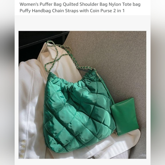 Handbag, green puffer nylon bag with coin purse.  New - Picture 2 of 8